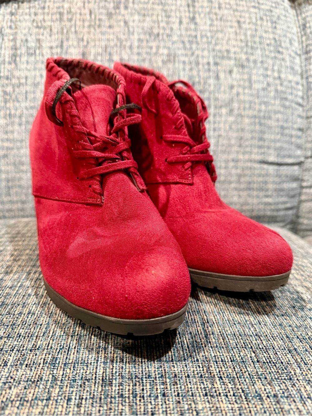 Women’s Burgundy Suede Lace-Up Wedge Booties